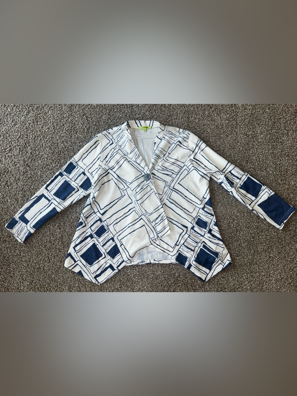 Trisha Tyler Women’s Open Front Jacket PM Blue White Geometric Print Cardigan